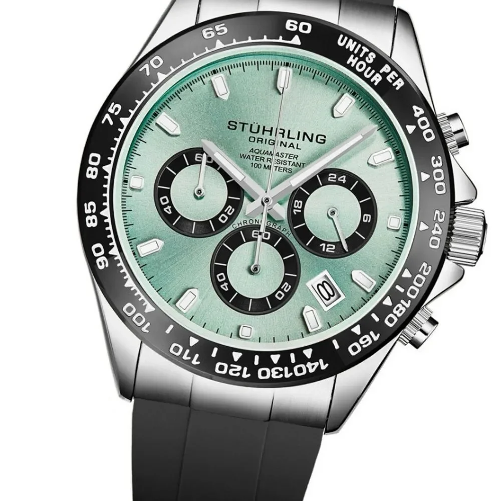 NWT 4050 Men's Quartz Chronograph, Alloy Silver Case, Green Dial, Black Bezel